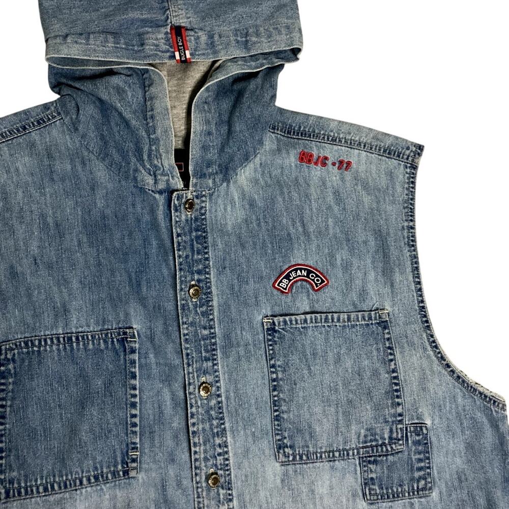Bugle Boy Vintage Denim Vest Men XL Light Wash‎ Patched Hood Logo Patch Grunge